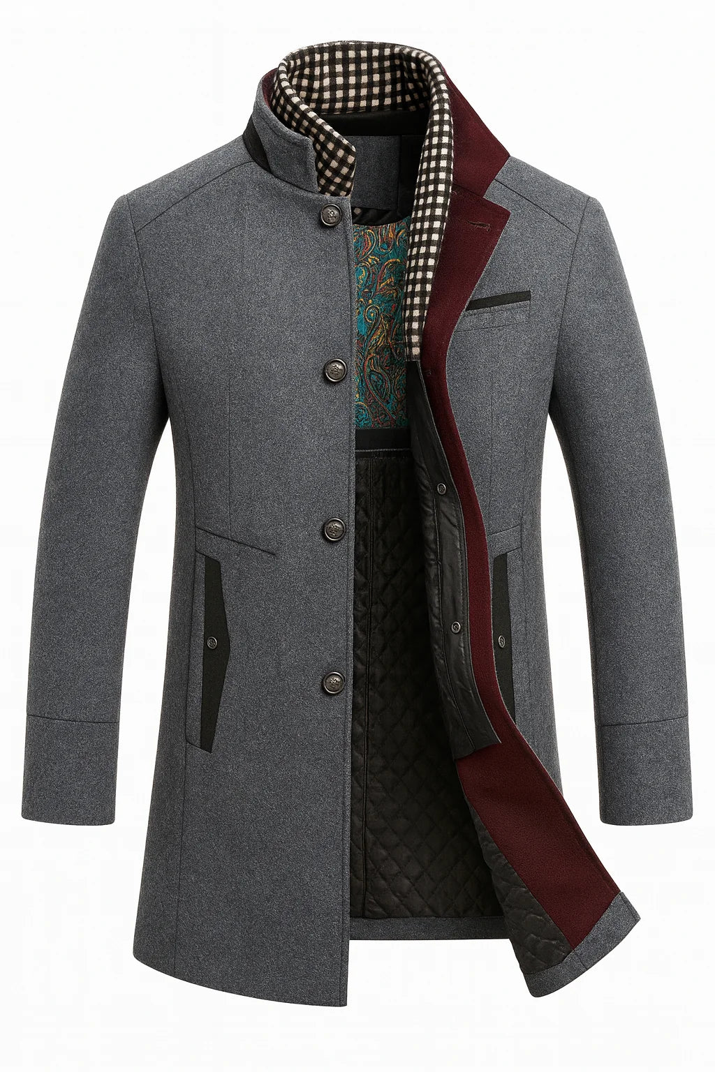 Abrigo de lana para mujer con cuello alto y bolsillos laterales, ideal para mantener el calor y lucir elegante en invierno. 3