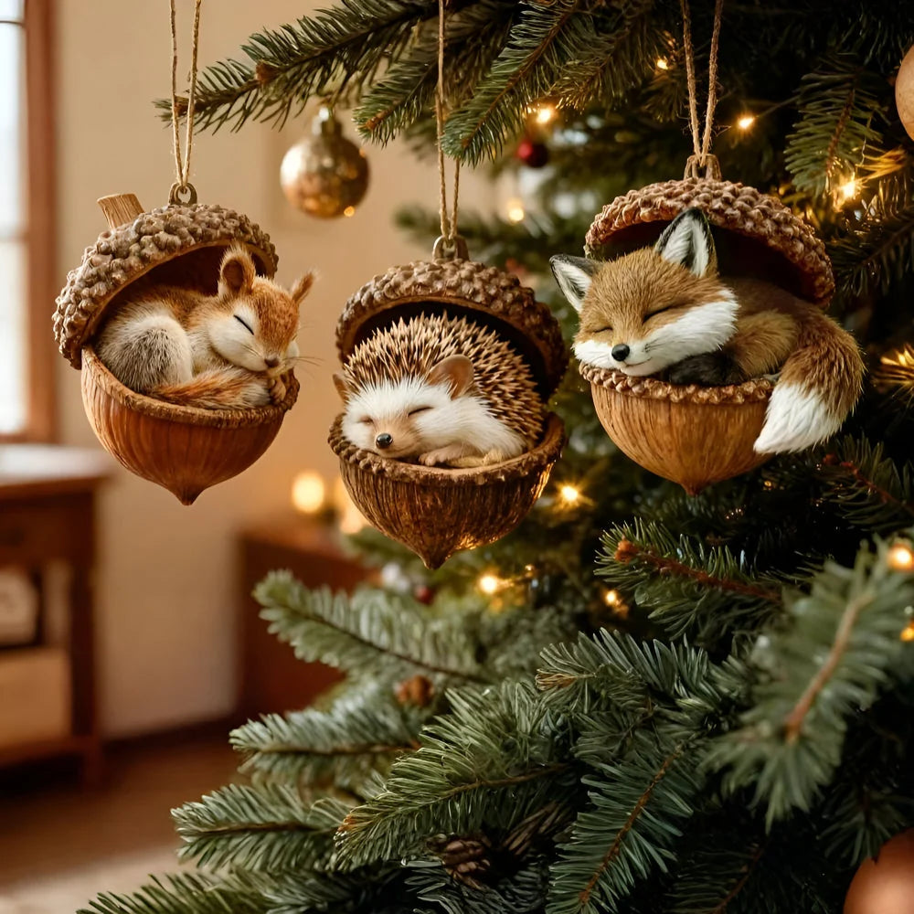 Adorno navideño de animal del bosque en forma de bellota, disponible en diseños de conejo, ardilla, erizo, cardenal 1