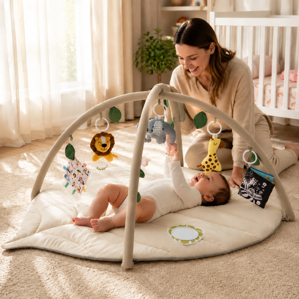 Alfombra de actividades para bebés con diseño de hoja acolchada y juguetes desmontables, ideal para estimulación sensorial y juego seguro. 1