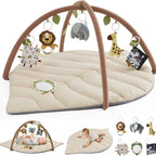 Alfombra de actividades para bebés con diseño de hoja acolchada y juguetes desmontables, ideal para estimulación sensorial y juego seguro. 2