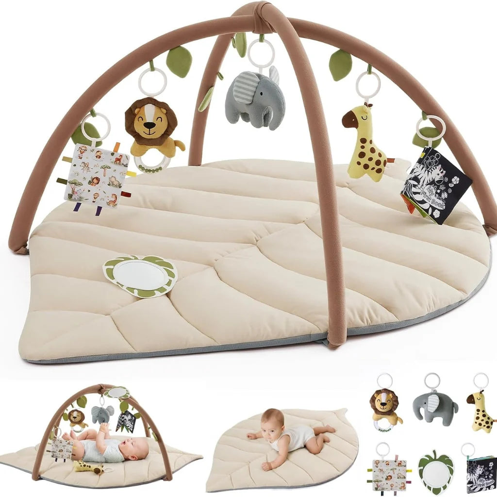 Alfombra de actividades para bebés con diseño de hoja acolchada y juguetes desmontables, ideal para estimulación sensorial y juego seguro. 2