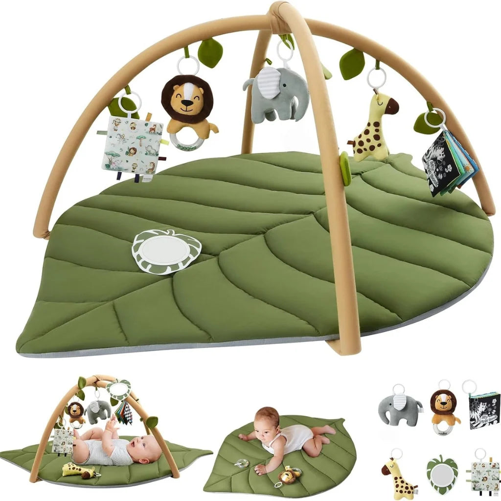 Alfombra de actividades para bebés con diseño de hoja acolchada y juguetes desmontables, ideal para estimulación sensorial y juego seguro. 4