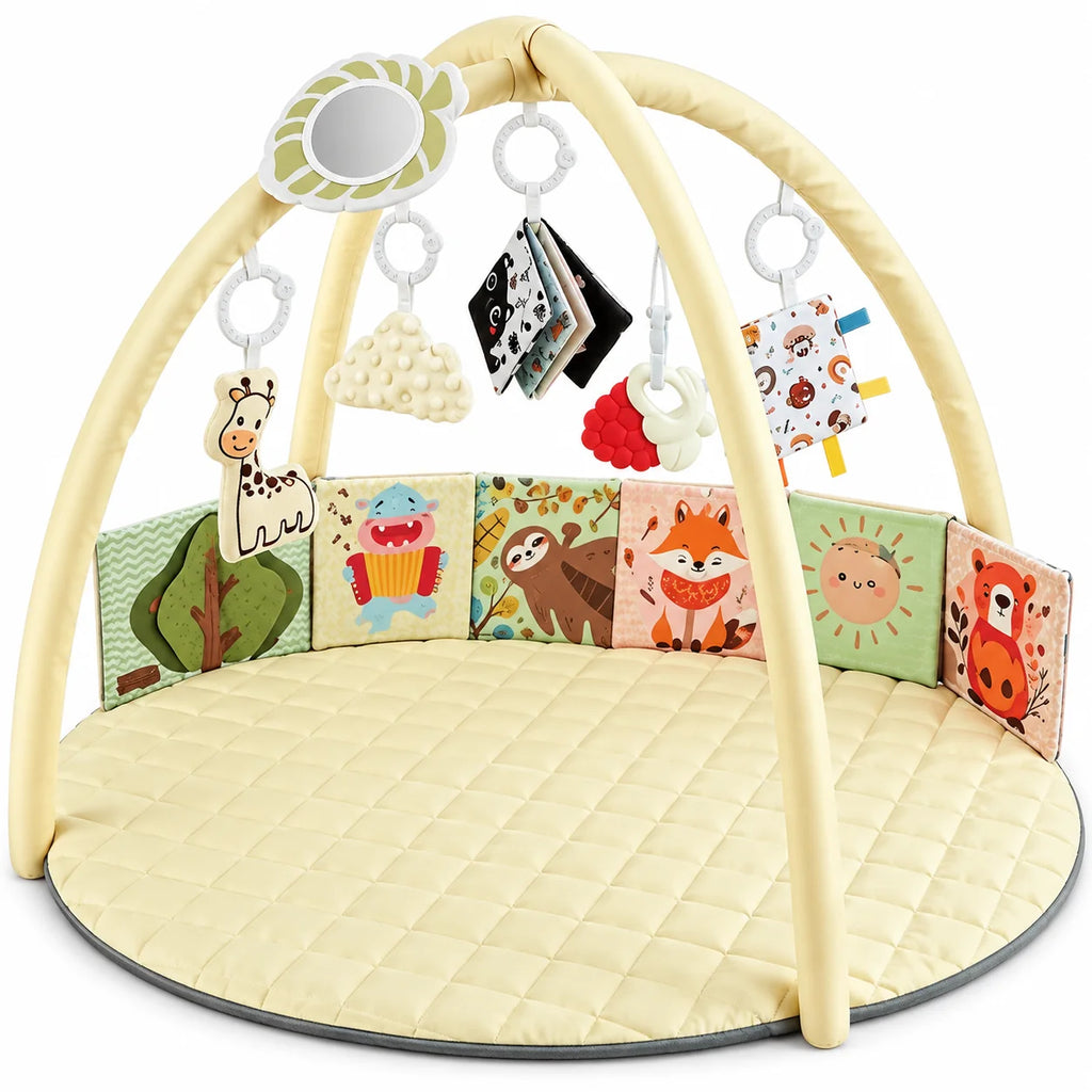 Alfombra de juegos bebé acolchada de 86cm con juguetes desmontables y actividades sensoriales, suave y segura para el desarrollo infantil 4