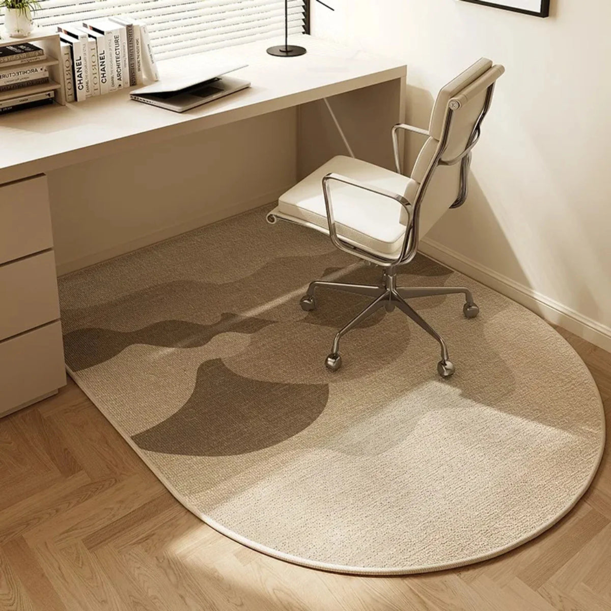Alfombrilla antideslizante para silla de oficina con diseño geométrico moderno, fabricada en vellón de poliéster, dimensiones 4