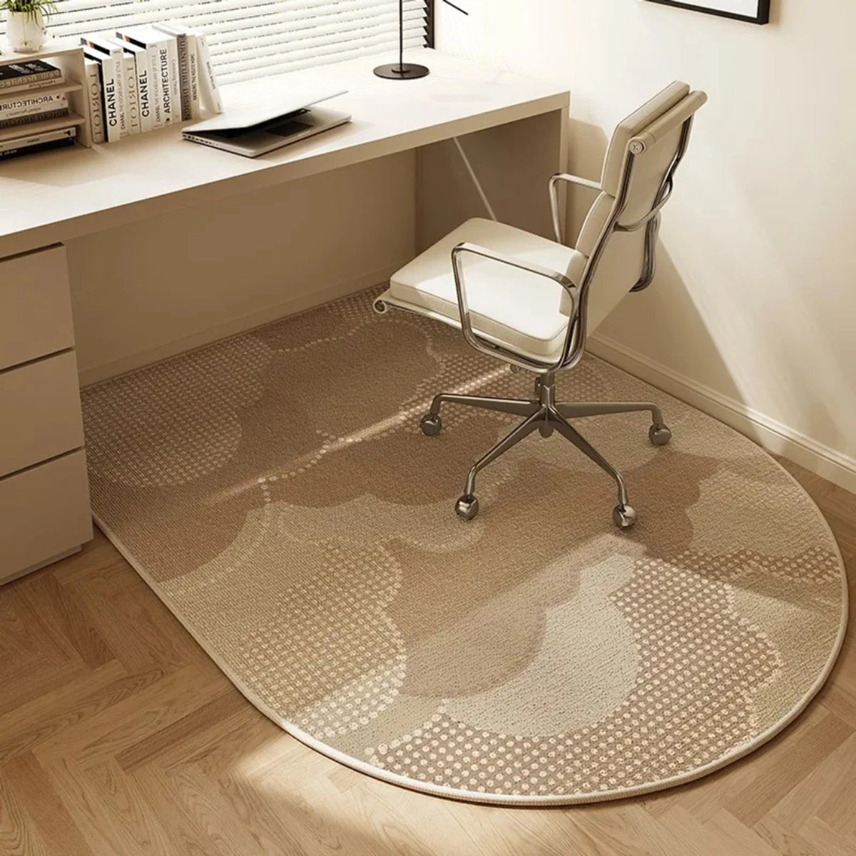 Alfombrilla antideslizante para silla de oficina con diseño geométrico moderno, fabricada en vellón de poliéster, dimensiones 5