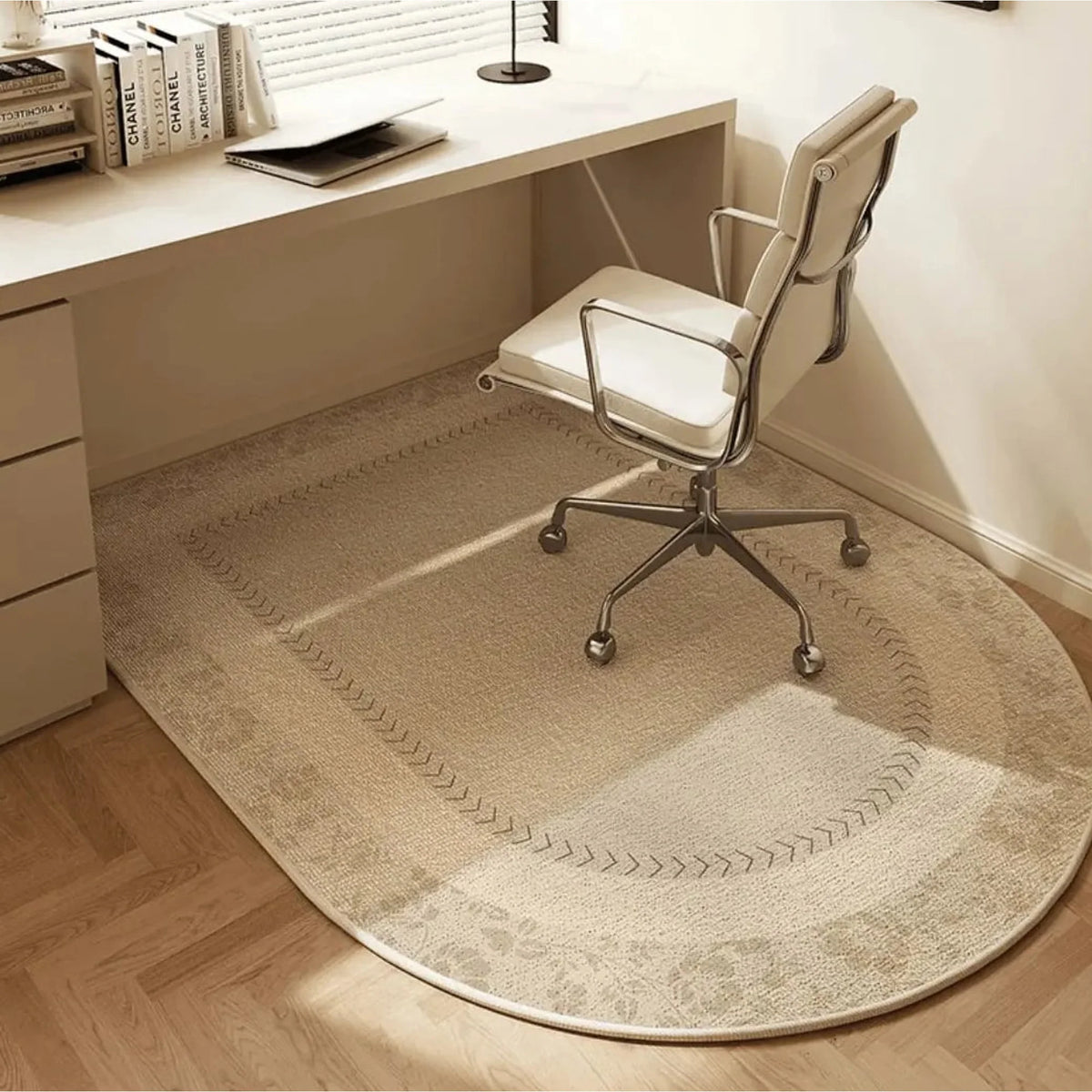 Alfombrilla antideslizante para silla de oficina con diseño geométrico moderno, fabricada en vellón de poliéster, dimensiones 6