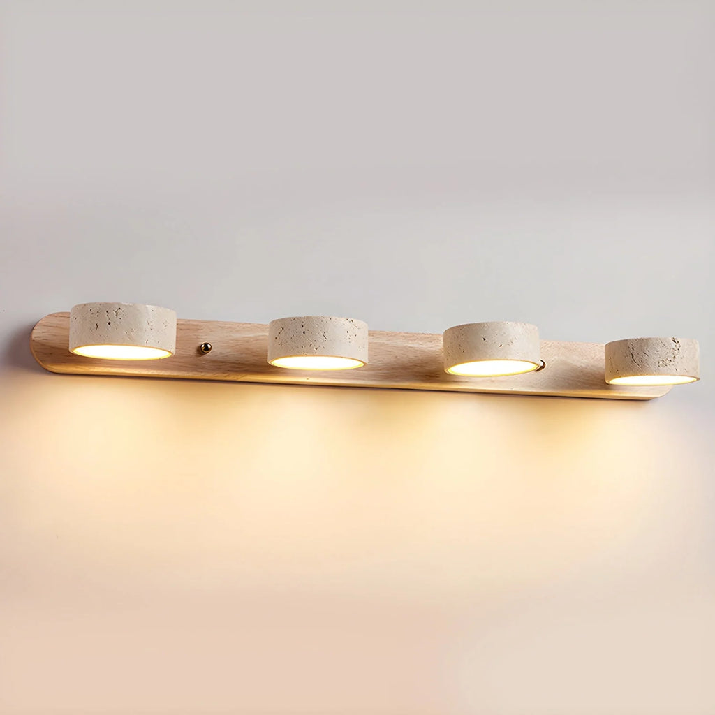 Aplique de pared de travertino con luz LED integrada, diseño delgado y elegante, ideal para baños y dormitorios. 12