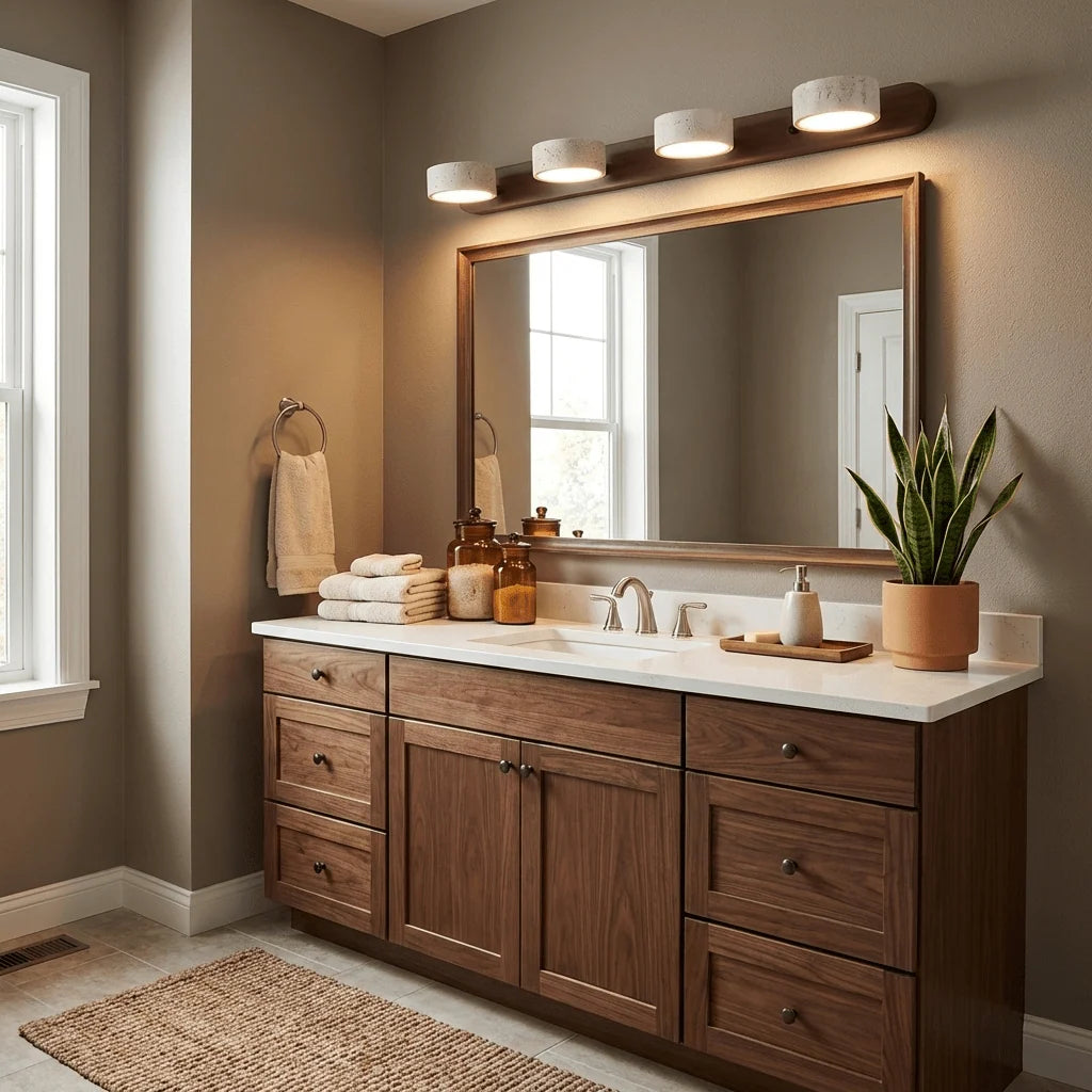 Aplique de pared de travertino con luz LED integrada, diseño delgado y elegante, ideal para baños y dormitorios. 3