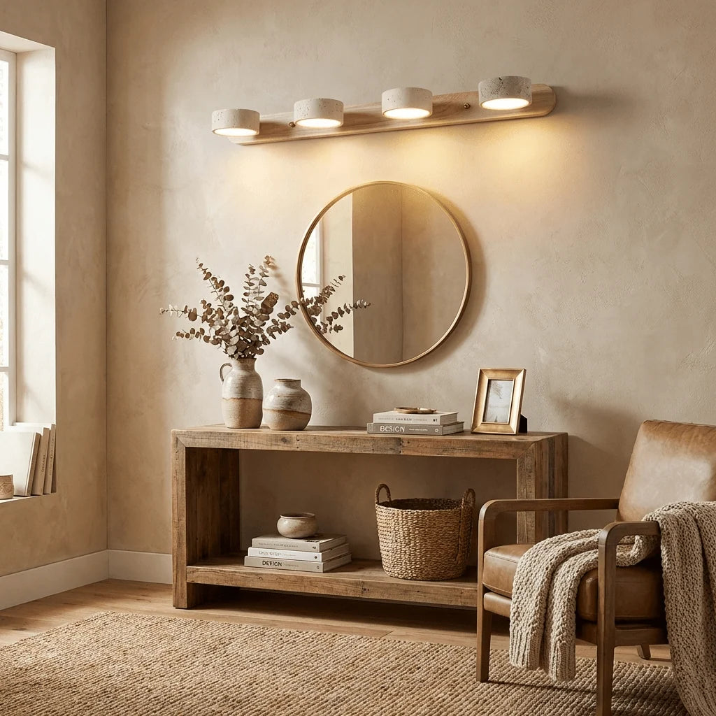 Aplique de pared de travertino con luz LED integrada, diseño delgado y elegante, ideal para baños y dormitorios. 4