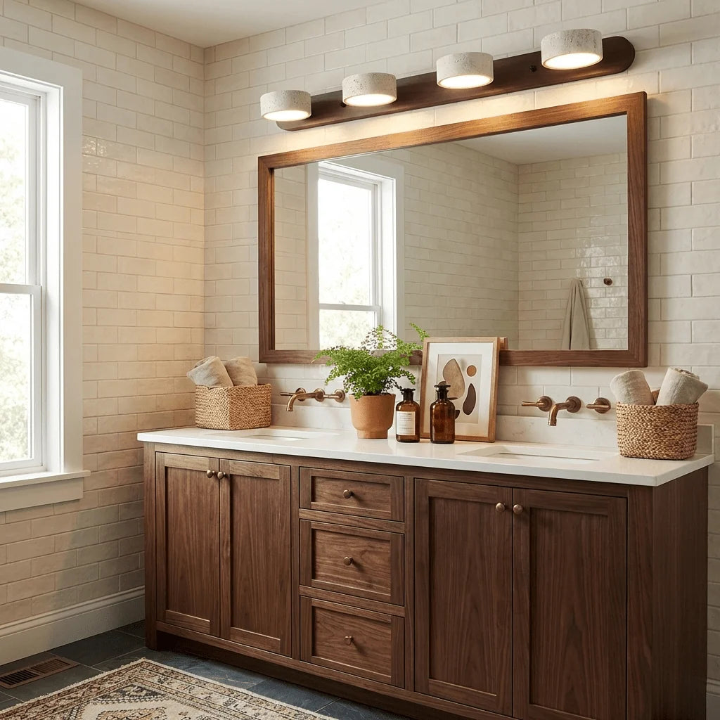 Aplique de pared de travertino con luz LED integrada, diseño delgado y elegante, ideal para baños y dormitorios. 6
