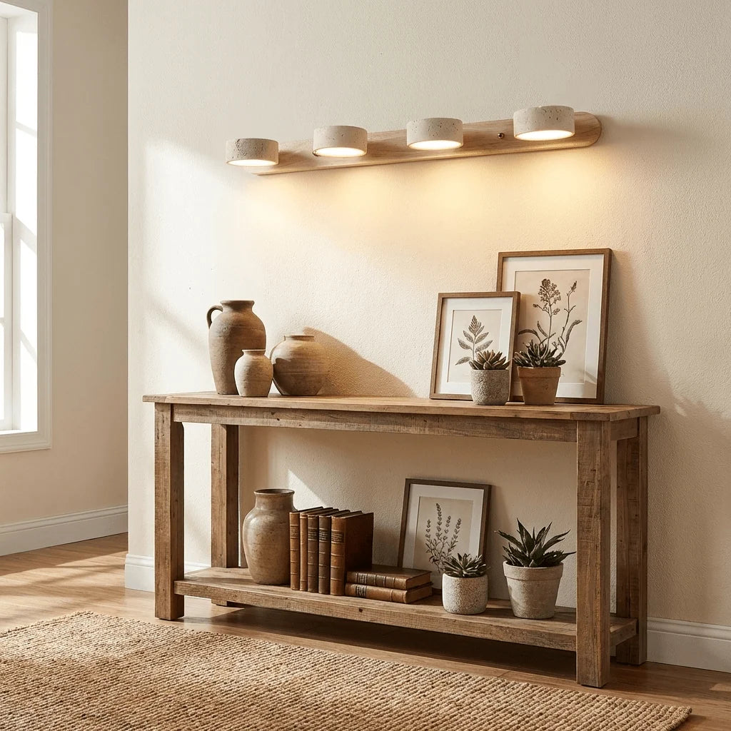 Aplique de pared de travertino con luz LED integrada, diseño delgado y elegante, ideal para baños y dormitorios. 7