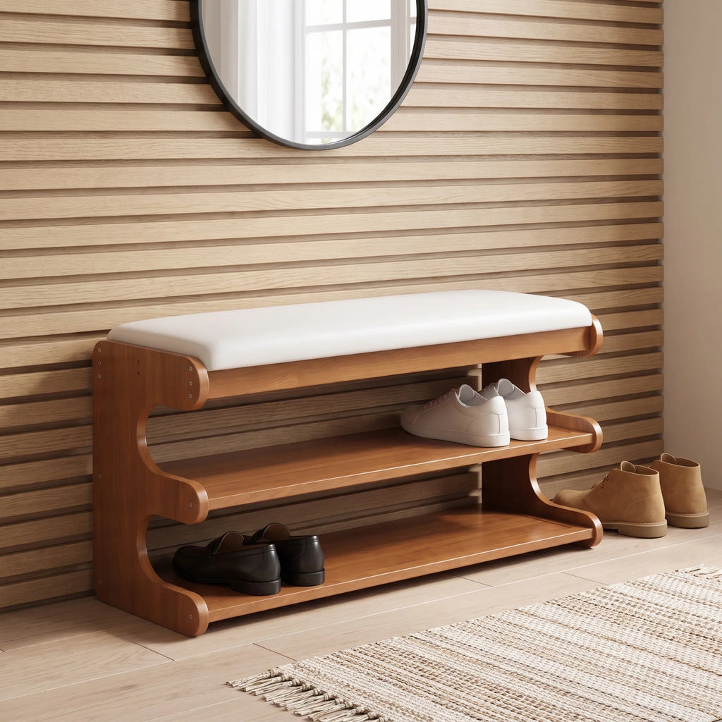 Banco zapatero recibidor de bambú natural con asiento acolchado y almacenamiento de 2 niveles, perfecto para optimizar espacios reducidos en entradas y 4