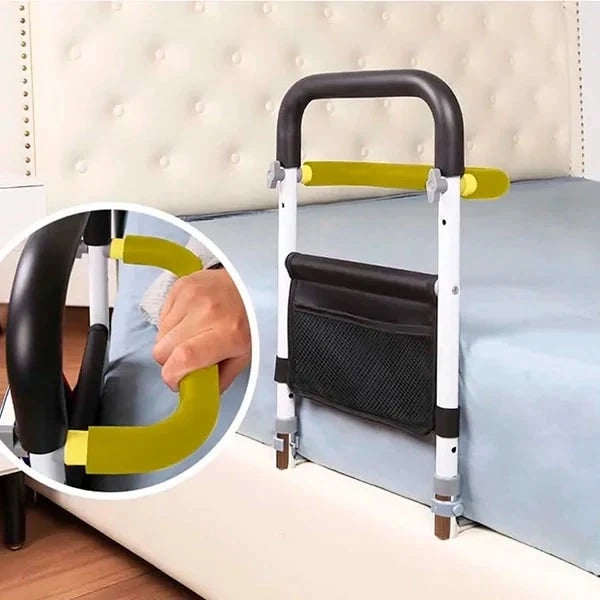 Barandilla de cama ajustable con agarre antideslizante y bolsa de almacenamiento, diseñada para ofrecer soporte seguro a adultos mayores. 2