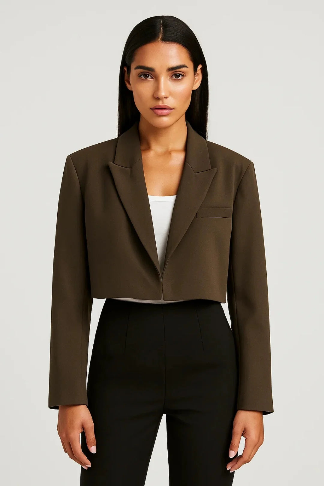 Blazer corto entallado para mujer con elegante cuello de solapa y diseño de frente abierto, confeccionado en mezcla de telas de alta calidad. 3