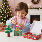 Bloques de construcción magnéticos navideños con motivos festivos, cubos de plástico coloridos ideales para juego creativo y desarrollo infantil. 0