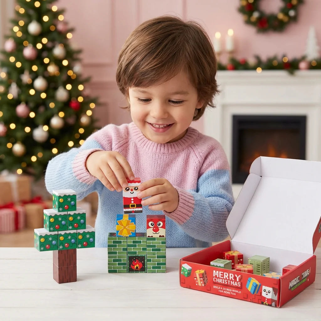 Bloques de construcción magnéticos navideños con motivos festivos, cubos de plástico coloridos ideales para juego creativo y desarrollo infantil. 0