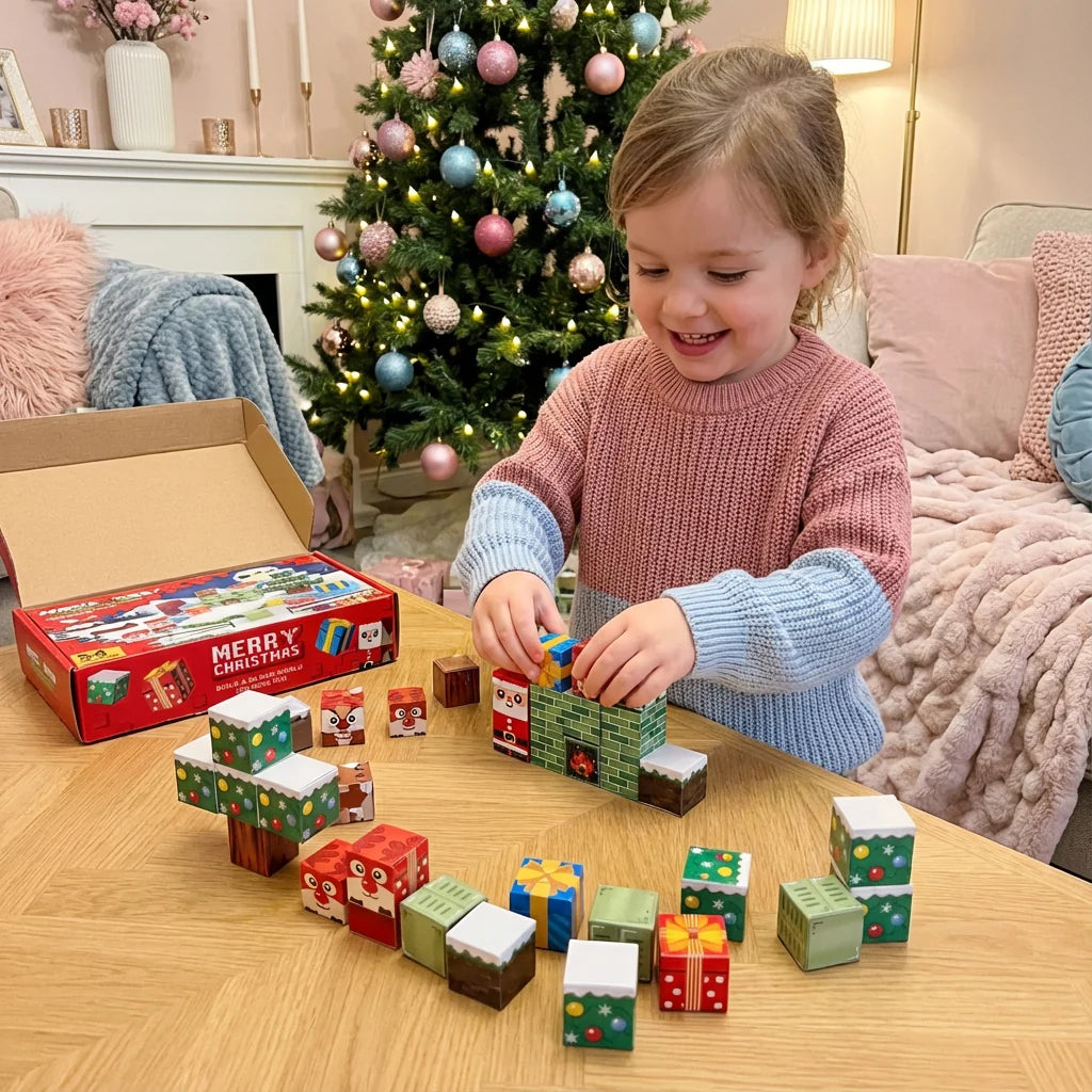 Bloques de construcción magnéticos navideños con motivos festivos, cubos de plástico coloridos ideales para juego creativo y desarrollo infantil. 1