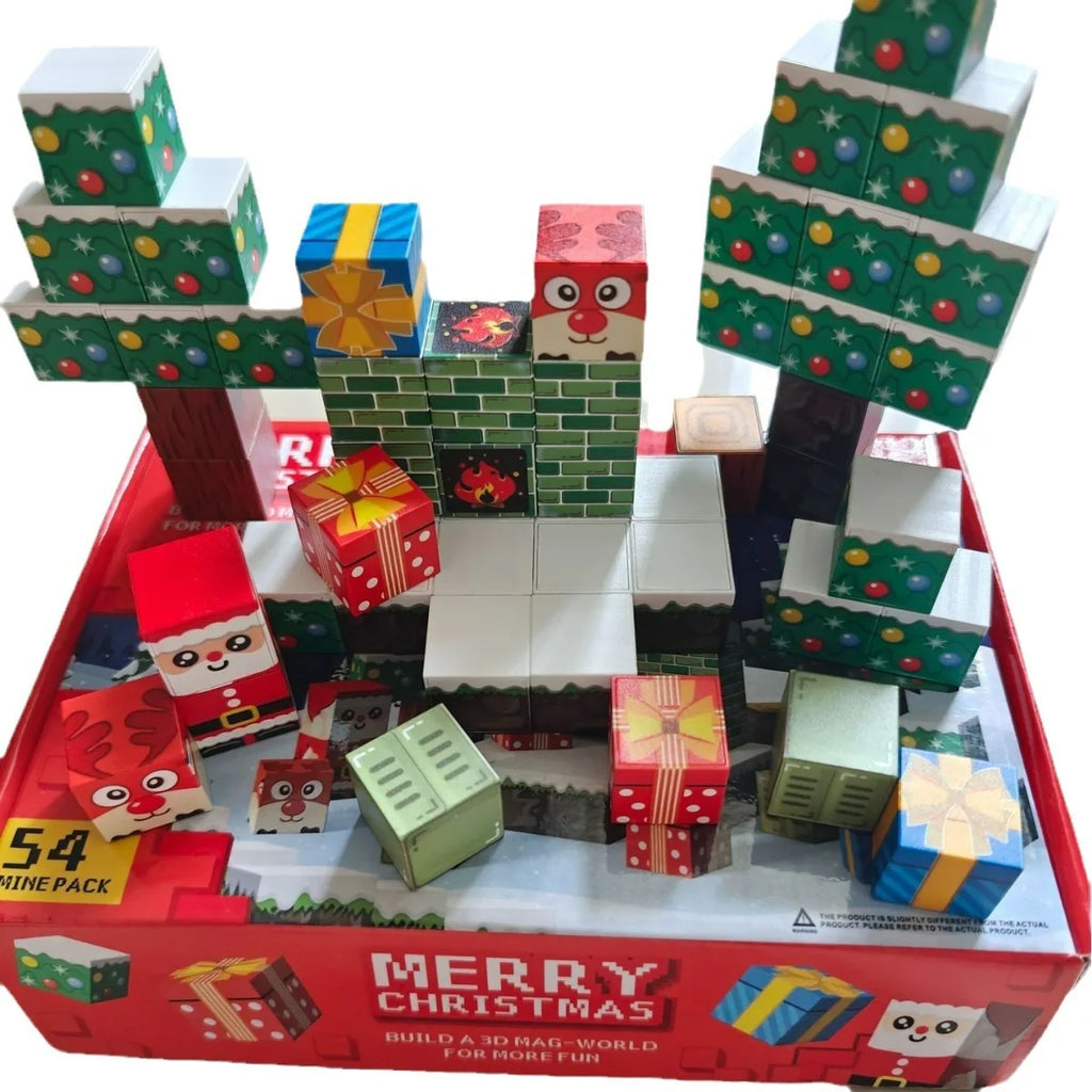 Bloques de construcción magnéticos navideños con motivos festivos, cubos de plástico coloridos ideales para juego creativo y desarrollo infantil. 6