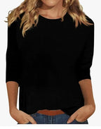 Blusa casual de manga 3/4 con cuello redondo, diseñada con una mezcla de telas para un estilo diario cómodo y moderno. 4