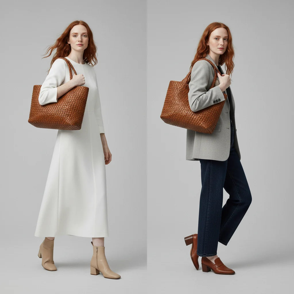Bolso tote de mujer de piel trenzada, grande y espacioso, con asas cómodas, ideal para uso diario. 1
