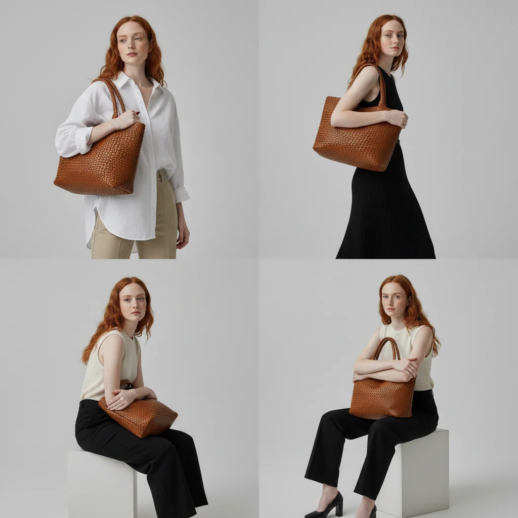 Bolso tote de mujer de piel trenzada, grande y espacioso, con asas cómodas, ideal para uso diario. 2