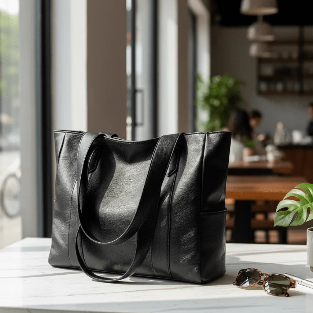 Bolso de hombro de mujer en cuero PU negro, elegante y versátil, con múltiples bolsillos, ideal para uso diario. 1