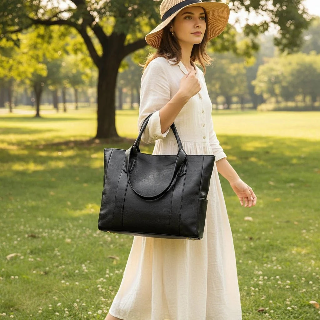 Bolso de hombro de mujer en cuero PU negro, elegante y versátil, con múltiples bolsillos, ideal para uso diario. 4