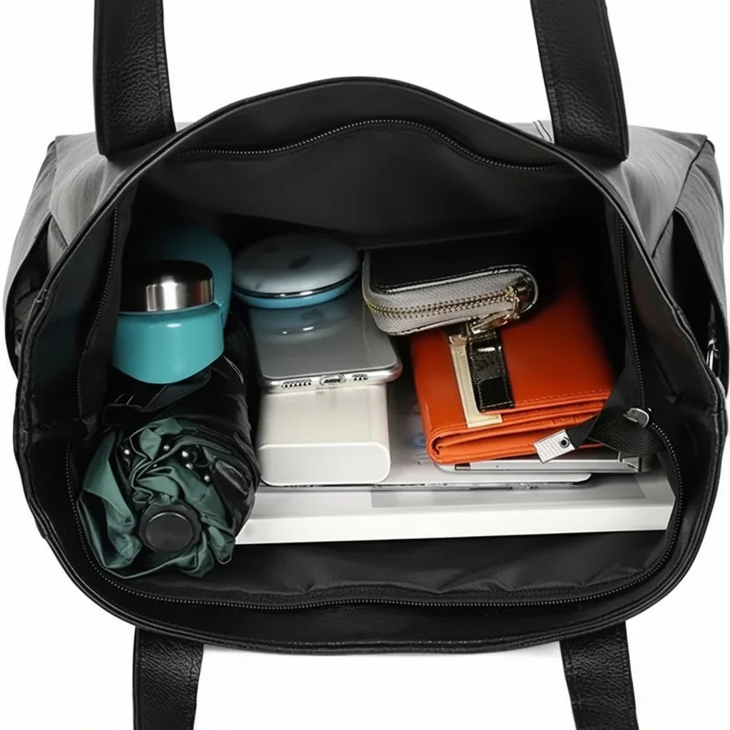 Bolso de hombro de mujer en cuero PU negro, elegante y versátil, con múltiples bolsillos, ideal para uso diario. 5