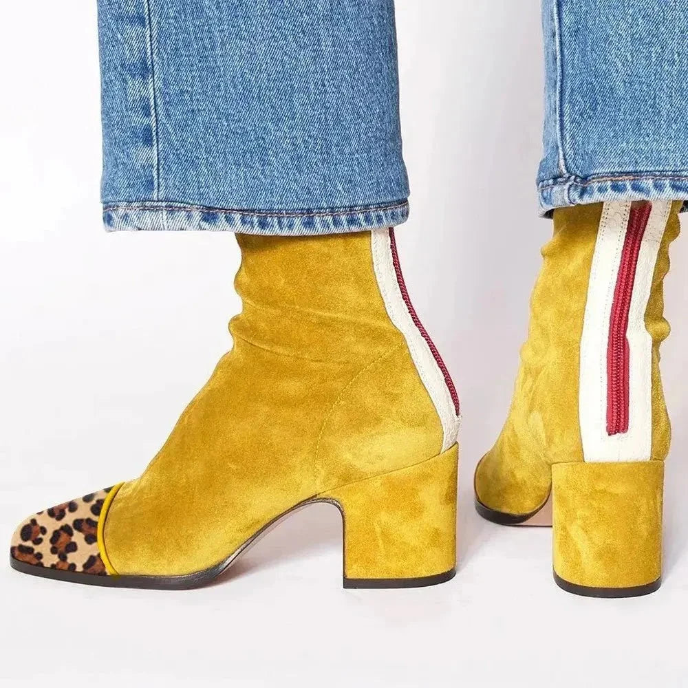 Botines de mujer con tacón de bloque y punta cuadrada en gamuza negra, diseño de estampado animal y panel en contraste, perfectos 0