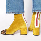 Botines de mujer con tacón de bloque y punta cuadrada en gamuza negra, diseño de estampado animal y panel en contraste, perfectos 0