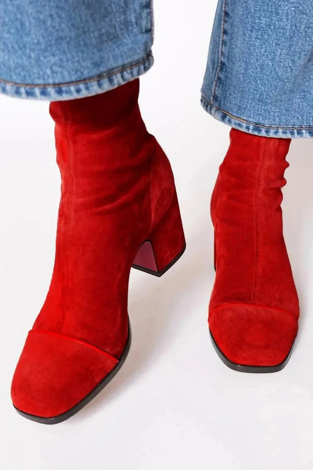 Botines de mujer con tacón de bloque y punta cuadrada en gamuza negra, diseño de estampado animal y panel en contraste, perfectos 2