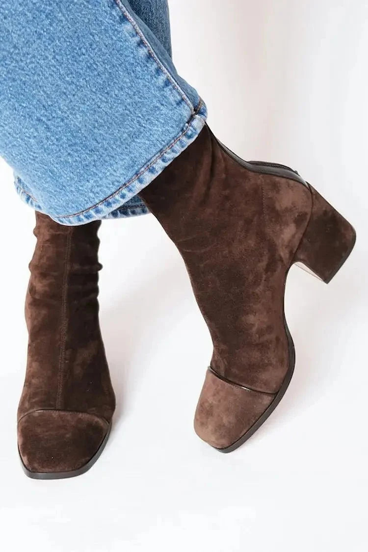 Botines de mujer con tacón de bloque y punta cuadrada en gamuza negra, diseño de estampado animal y panel en contraste, perfectos 5