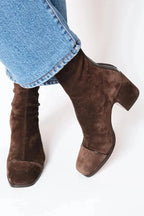 Botines de mujer con tacón de bloque y punta cuadrada en gamuza negra, diseño de estampado animal y panel en contraste, perfectos 5