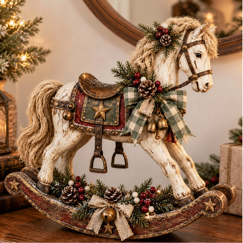 Caballito mecánico navideño de mesa de 46 cm con acabado envejecido y detalles texturizados, ideal para decoración clásica de 2