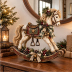 Caballito mecánico navideño de mesa de 46 cm con acabado envejecido y detalles texturizados, ideal para decoración clásica de 3