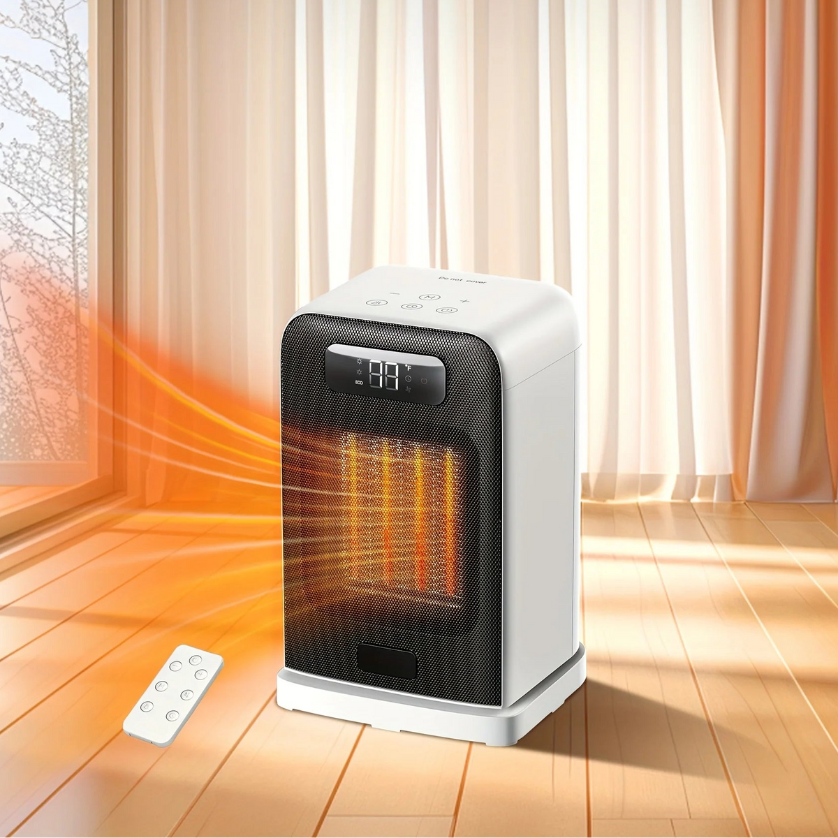 Calefactor eléctrico compacto blanco de 1500 W con mando a distancia y pantalla digital, ideal para calentar espacios pequeños. 5