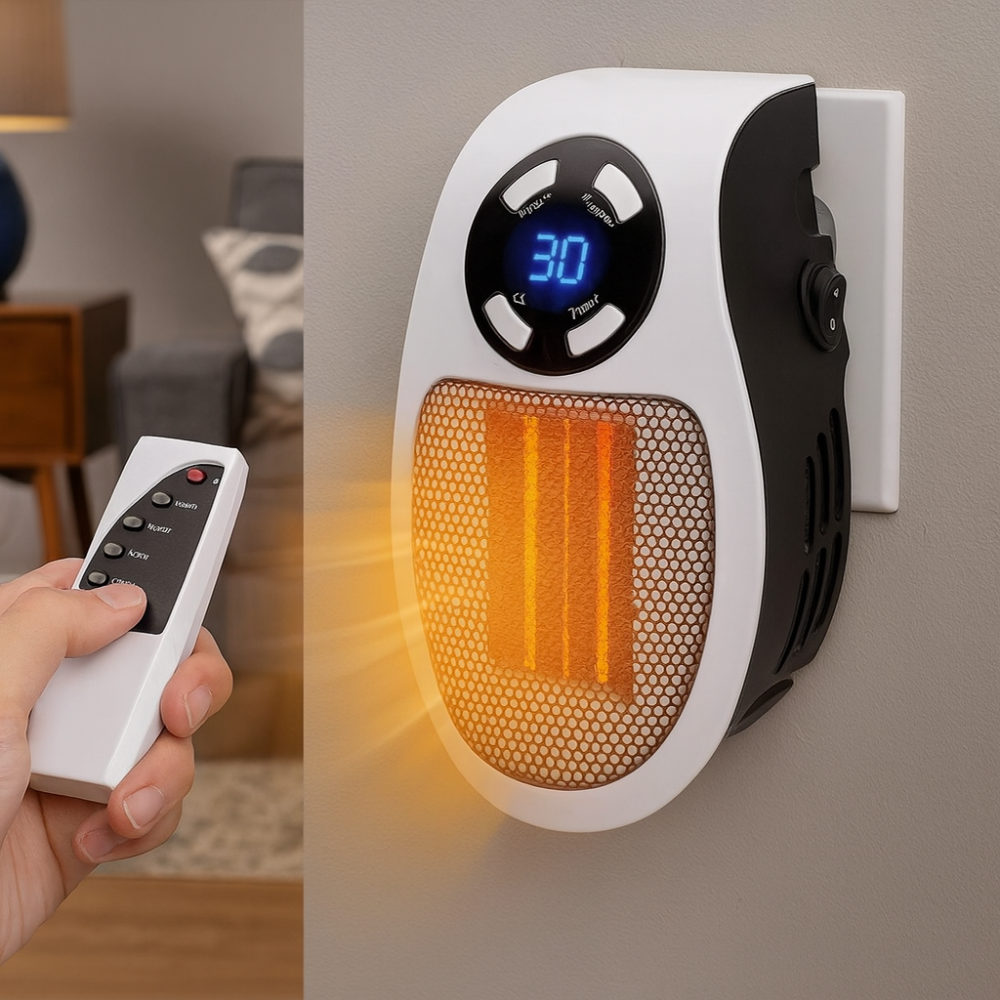 Calefactor eléctrico de pared de bajo consumo de 500 W, compacto y eficiente, con control remoto para fácil ajuste de temperatura. 0