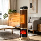 Calefactor eléctrico de torre redonda de 1500W en color negro y dorado, con control remoto y función de oscilación, 0