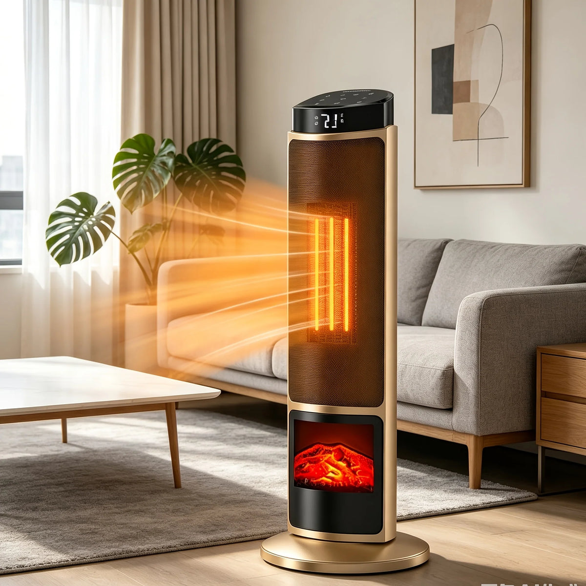 Calefactor eléctrico de torre redonda de 1500W en color negro y dorado, con control remoto y función de oscilación, 0