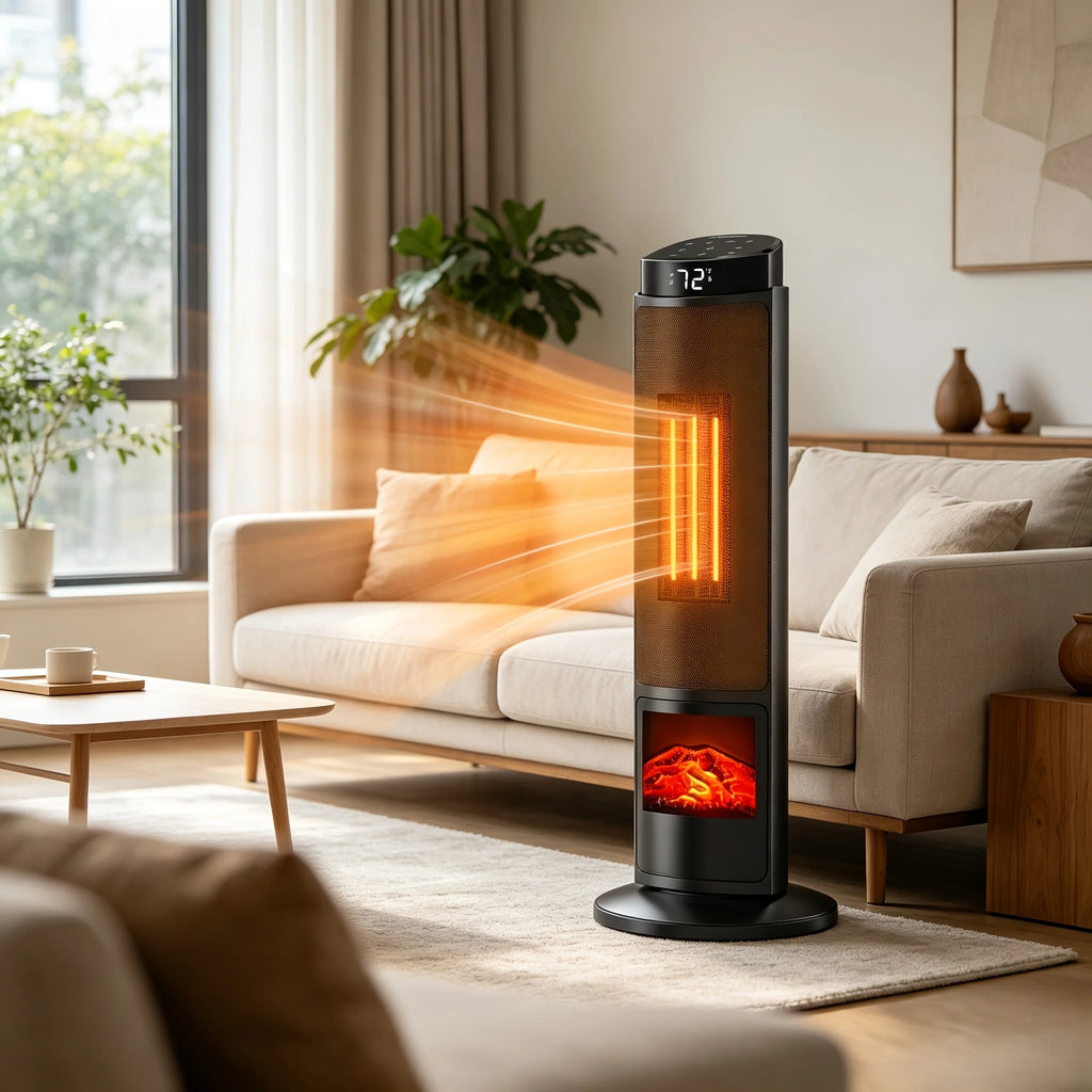 Calefactor eléctrico de torre redonda de 1500W en color negro y dorado, con control remoto y función de oscilación, 1
