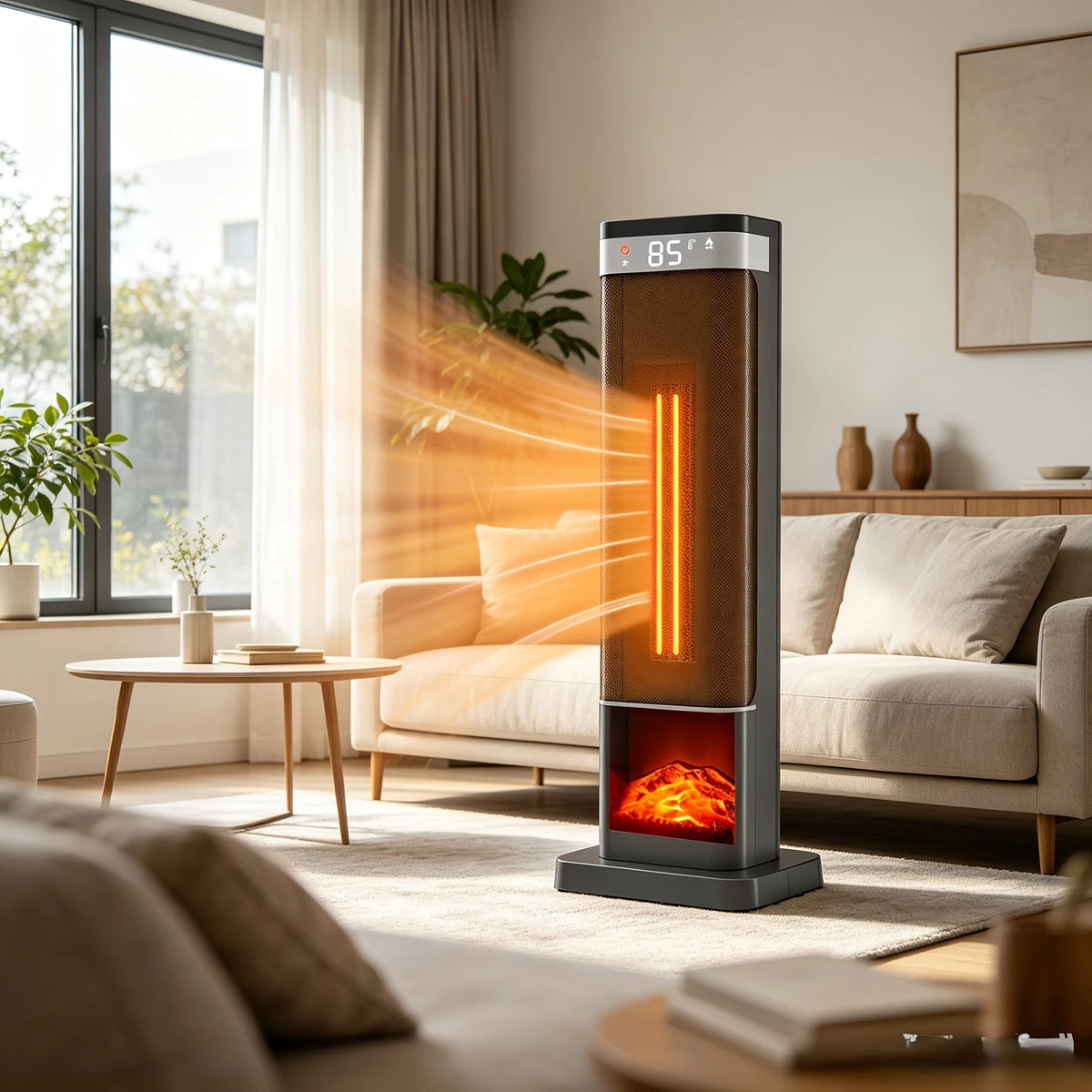Calefactor eléctrico de torre redonda de 1500W en color negro y dorado, con control remoto y función de oscilación, 2