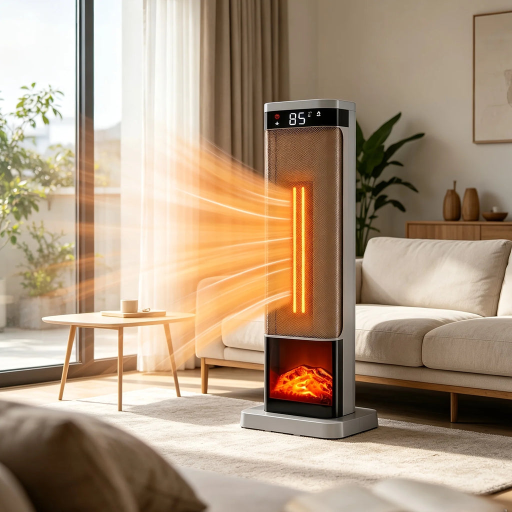 Calefactor eléctrico de torre redonda de 1500W en color negro y dorado, con control remoto y función de oscilación, 5