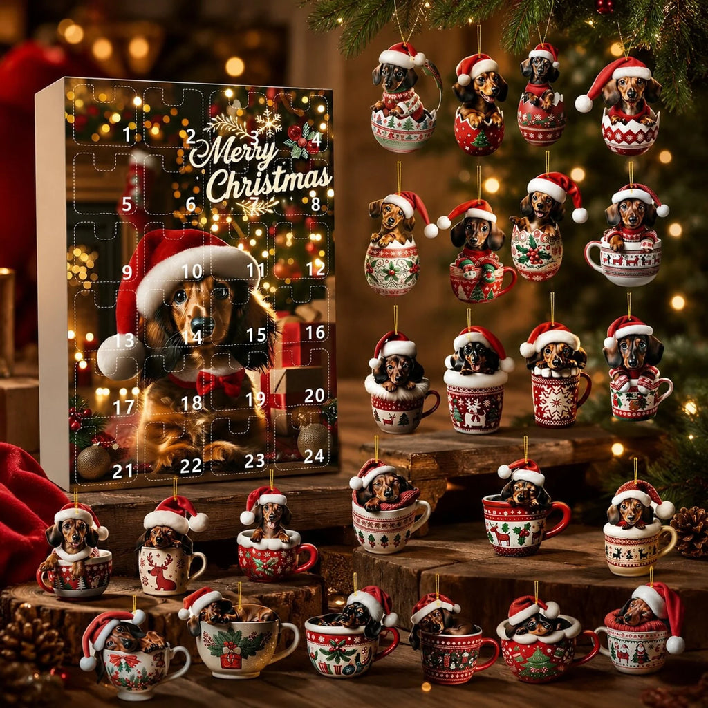 Calendario de Adviento con 24 adornos navideños de perro salchicha, ideal para decorar el árbol de Navidad, fabricado en 1