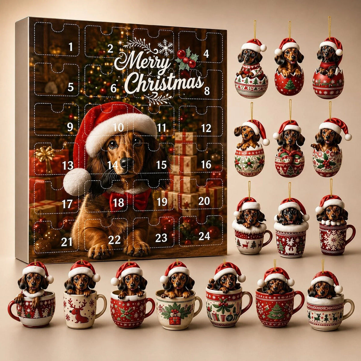 Calendario de Adviento con 24 adornos navideños de perro salchicha, ideal para decorar el árbol de Navidad, fabricado en 5