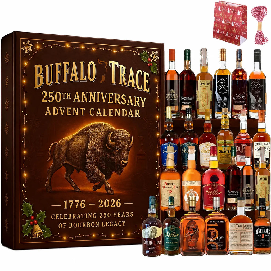 Calendario de Adviento decorativo con 24 mini botellas de whisky bourbon, ideal para contar los días hasta Navidad con un toque festivo y 4