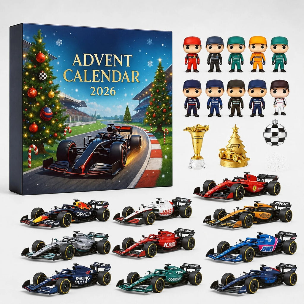 Calendario de Adviento de Fórmula 1 con 24 sorpresas diarias, diseñado en plástico compacto, perfecto para aficionados y niños. 1