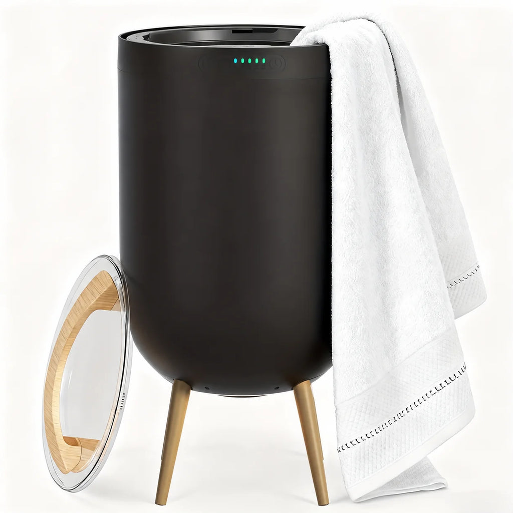 Calentador de toallas eléctrico independiente con Bluetooth y luz LED, capacidad de 23L, temporizador ajustable, diseño elegante en negro y 0
