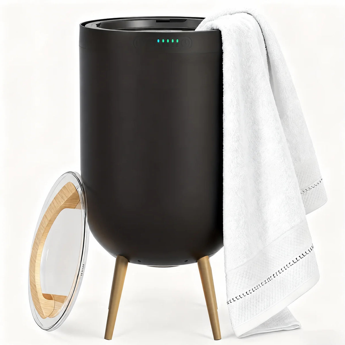 Calentador de toallas eléctrico independiente con Bluetooth y luz LED, capacidad de 23L, temporizador ajustable, diseño elegante en negro y 0