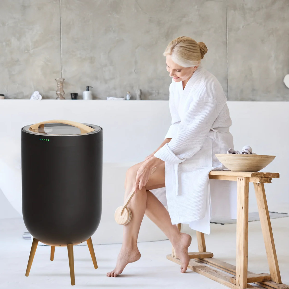 Calentador de toallas eléctrico independiente con Bluetooth y luz LED, capacidad de 23L, temporizador ajustable, diseño elegante en negro y 1
