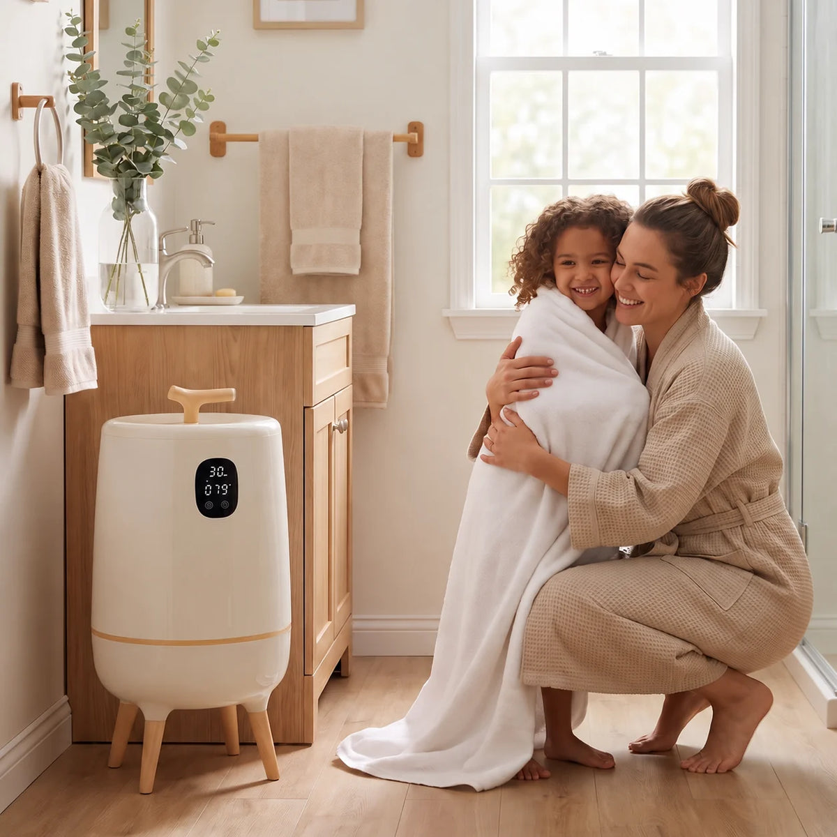 Calentador de toallas eléctrico con temporizador LED y ranura para aromas, cubo de 20L en blanco/beige, ideal para 1